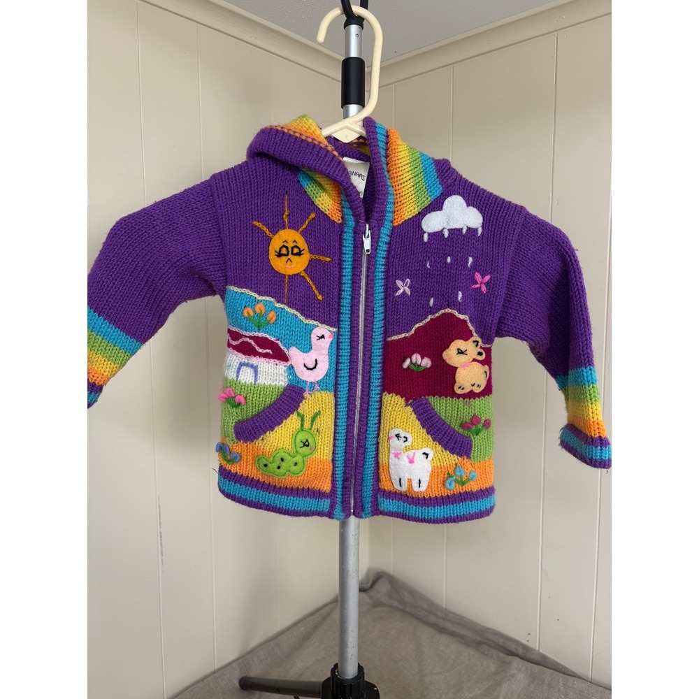 Albinaas Kids Vintage Hand Knit Rainbow Storybook Hooded Cardigan Purple Zip Up